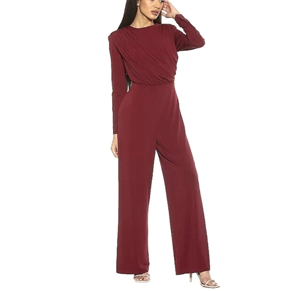 Alexia Admor NWT Long Sleeve Draped Wide-Leg Jumpsuit L Burgundy Stretch - Picture 1 of 10